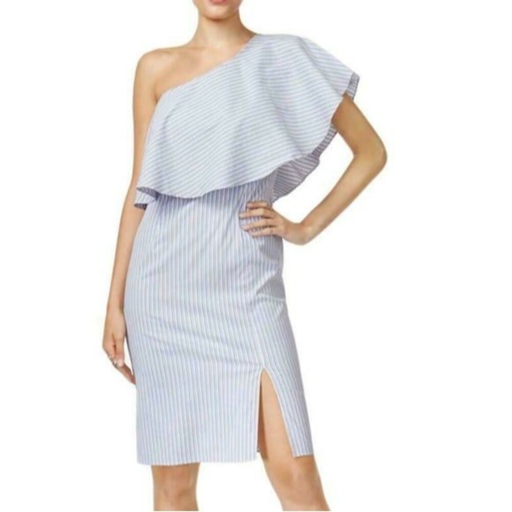 Bar III Striped One-Shoulder Popover Dress Blue / White - Medium NWT